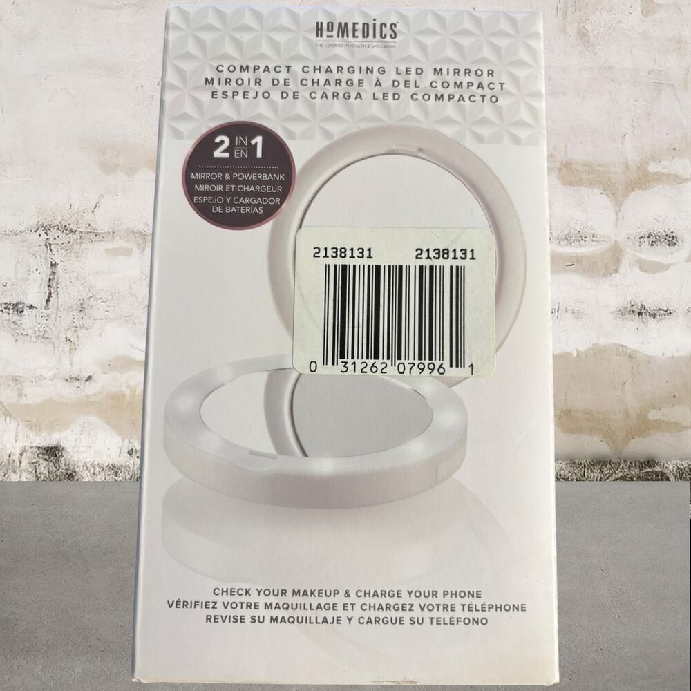 Homedics Compact Charging LED Mirror with Rechargeable Light NEW